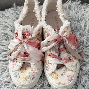 Floral Ribbon Lace-Up Sneakers - Pink, Cream, Beige